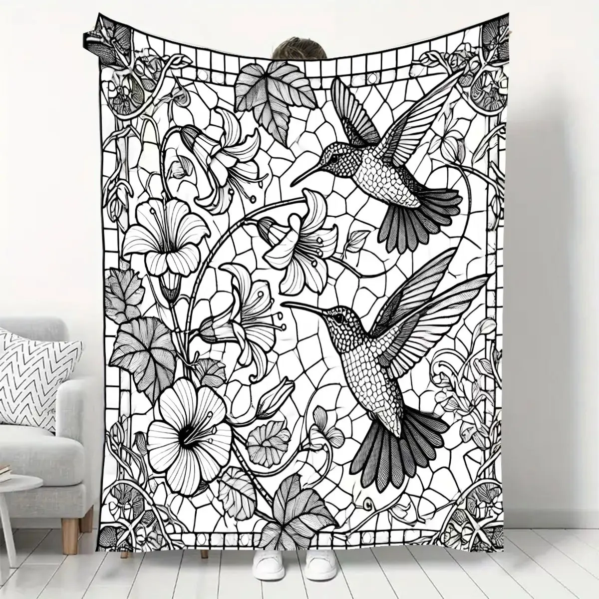 Cross-Border E-commerce Title: American Stained Glass Style Hummingbird Floral Flannel Blanket, Soft and Skin-Friendly for All S