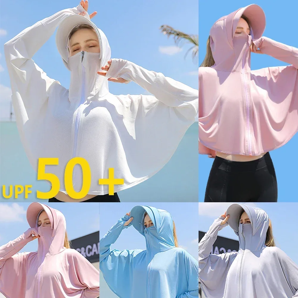 Summer UPF50 + Women Sunscreen Hoodie Long-sleeved Solid Color and Thin Jacket Breathable UV Protection Shirt Ice Silk Clothing