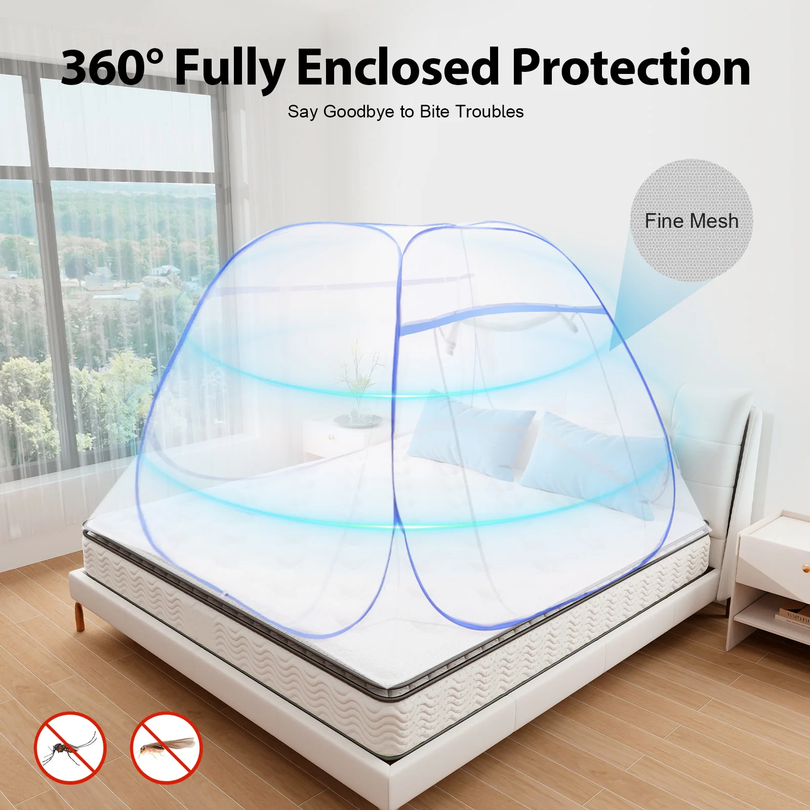 

U-Shaped Triple Door Design Mosquito Net(Blue) fits 5.91ft Wide Queen-Size Beds, 360° Fully Enclosed Design Bed Canopy