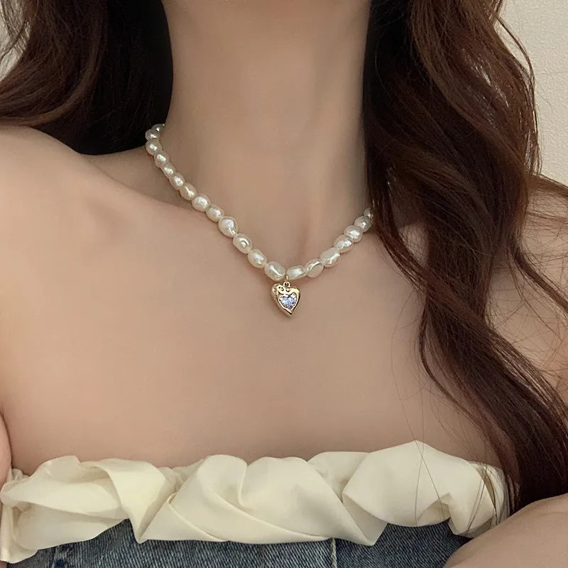 

Romantic Irregular Love Heart Shiny Crystal Natural Freshwater Pearl 14K Gold Filled Female Pendant Necklace Wedding Jewelry