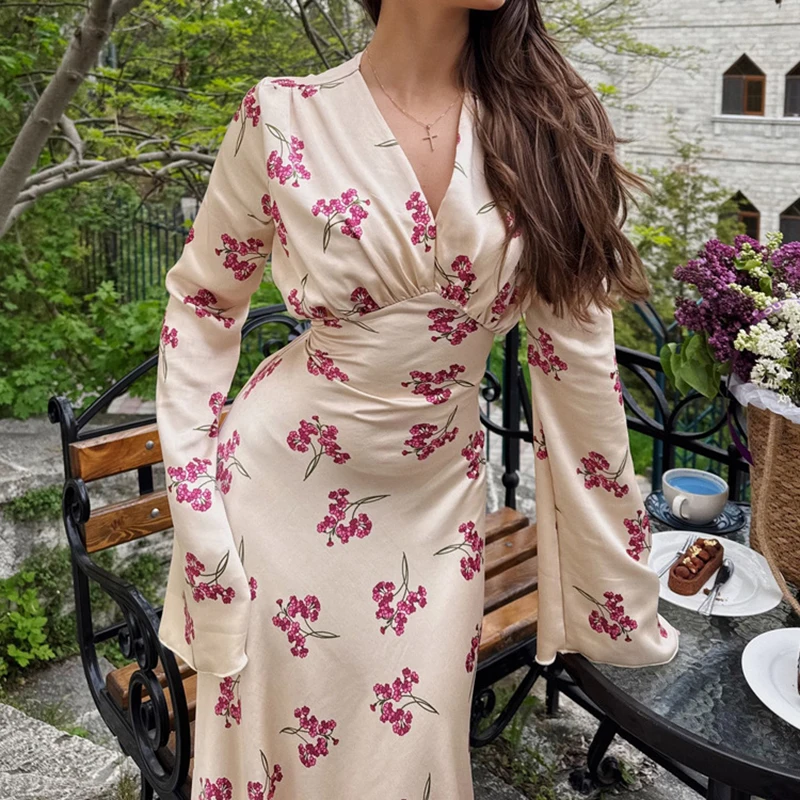 トルノバ エレガント プリント サテン ロングドレス オフィスレディー Vネック 長袖 レースアップ 秋 ファッション レディース ハイウエスト ドレス