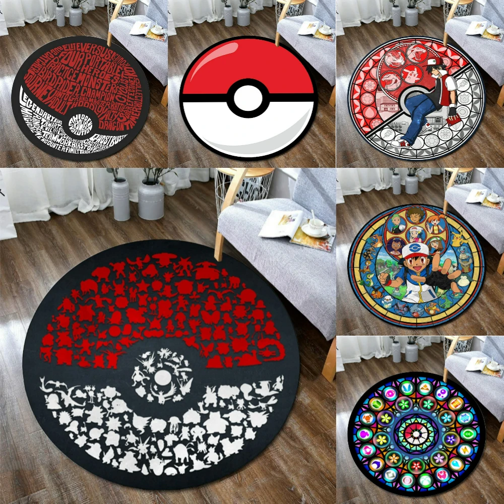 MINISO Pokemon Poke Balls Inspired Circle Rug for Living Room Sofa Decor Bedside Rug Game Room Chair Mat Lounge Kid's Playmat