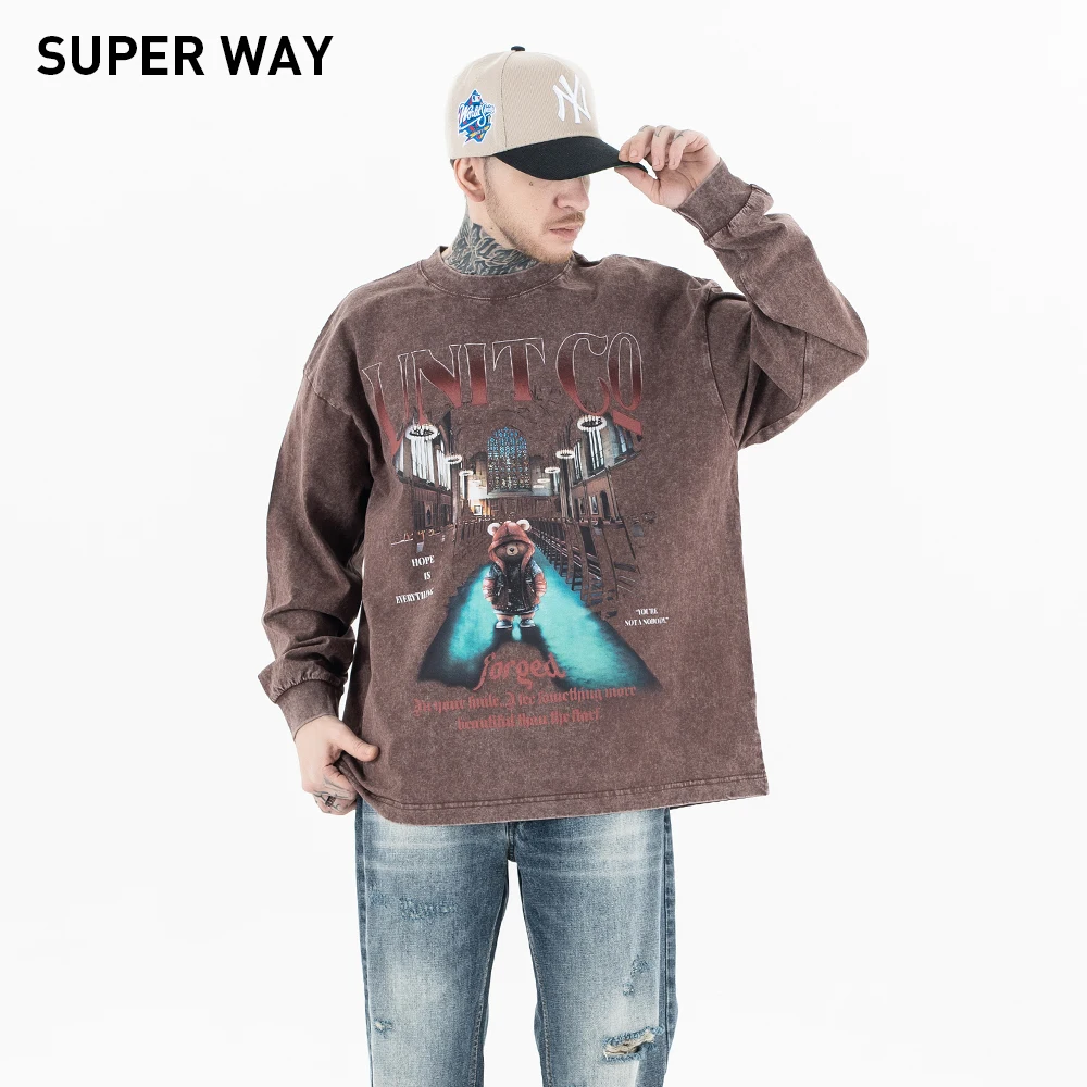 

Superway Original Design Prayer Graphic Printed Washed T-Shirt Men Vintage Long Sleeves Oversized Hip Hop Streetwear O-Neck Tops