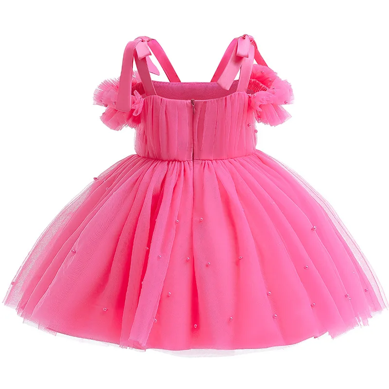 2024 New Baby Girls Dress Summer Mesh Bow Sling Little Princess Gown Dress Children\'s Performance Costume 1-5 Years Kids Clothes