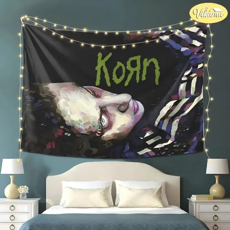 Korn Band Tapestry, New Metal Rock Portrait Dark Gothic Wall Hanging, Decor for Teen Bedrooms and Dorms for Metal Fans