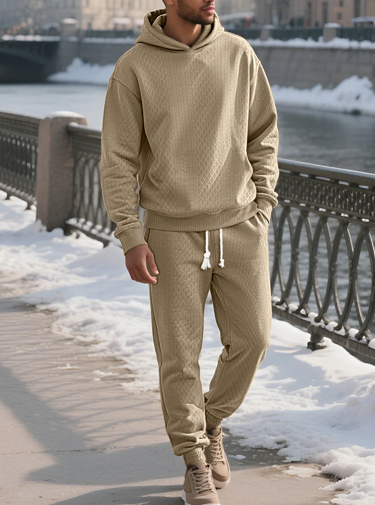 

Мужской костюм Вязаная жаккардовая толстовка с длинными рукавами и завязками брюки весенне-осенние сезоны Повседневная модная мужская одежда Горячая распродажа