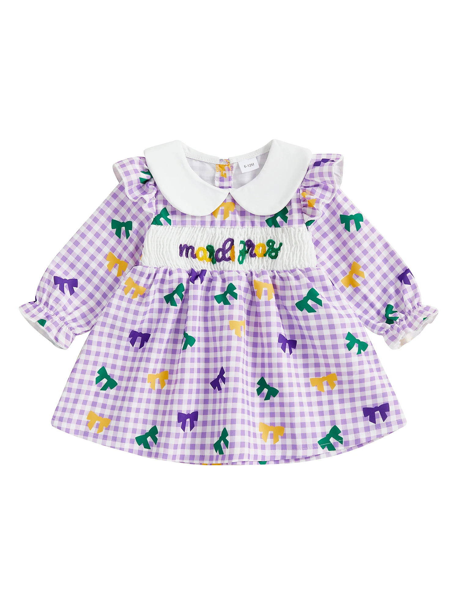 

Girls Purple Plaid A-line Dress with Long Sleeve Doll Collar and Carnival Embroidery Perfect for Parties and Events