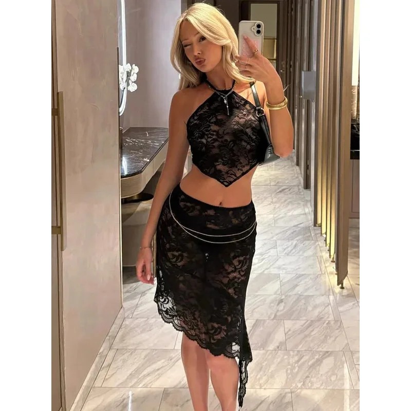 

BKQU Sexy Lace Dress Suit Women See Through Halter Lace Up Backless Crop Top Irregular Midi Skirt Matching Set Party Beachwear