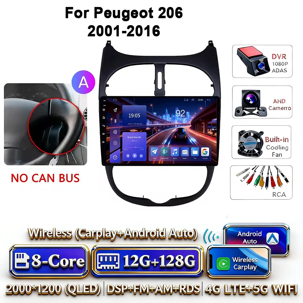 Android 17 Carplay Android Auto 4G WIFI autoradio voor Peugeot 206 2001-2016 GPS DSP BT touchscreen multimediasysteem navigatie stereo