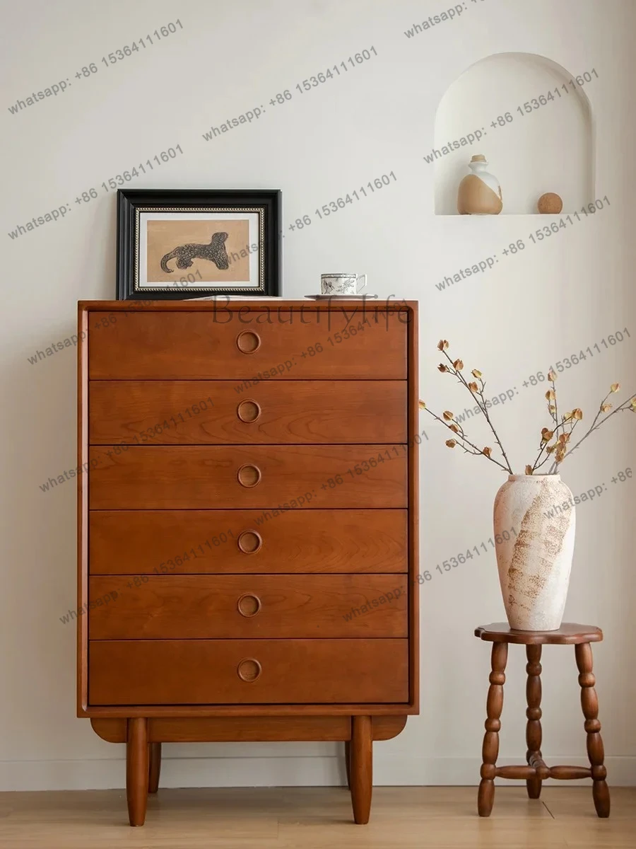 

Nordic solid wood six-chest cabinet living room sofa storage side cabinet cherry retro medieval drawer cabinet