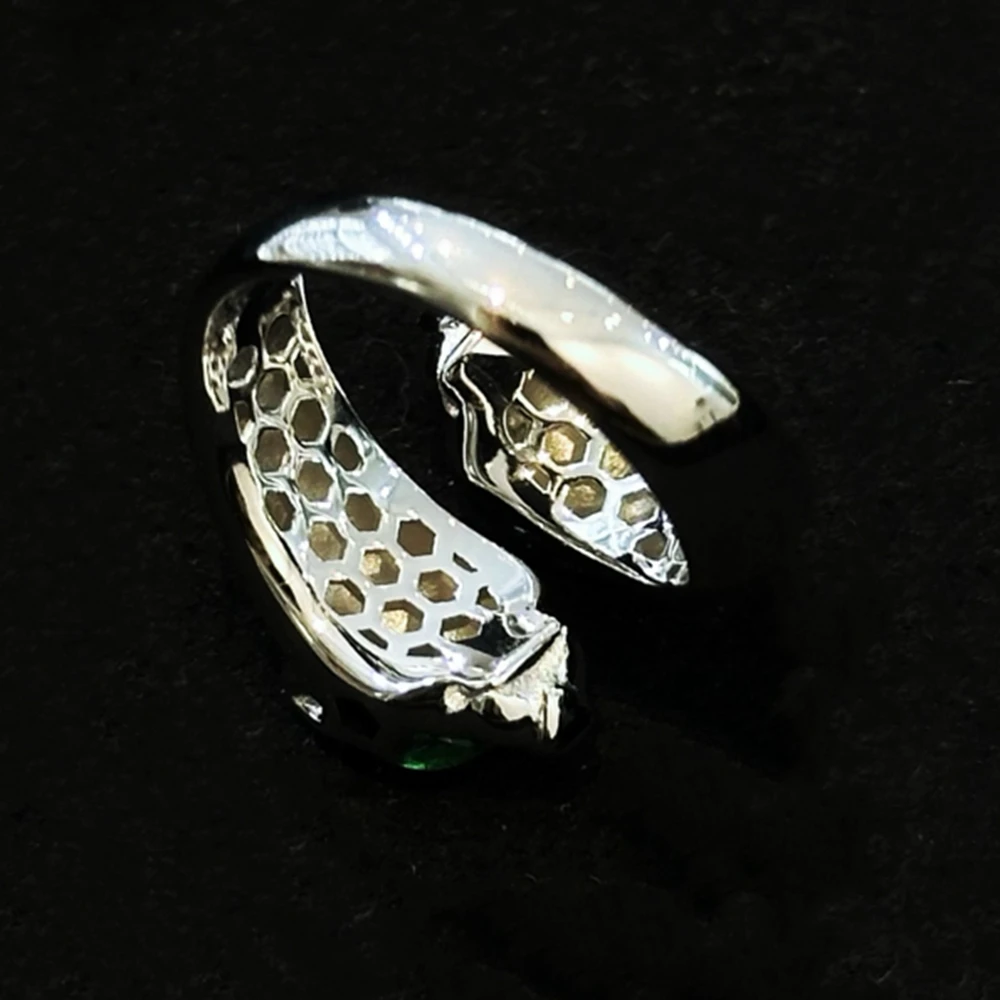 925 Sterling Silver Black Spots Green Stone Eyes Double Panther Leopard Open Rings Luxury Designer Jewelry for Men or Women