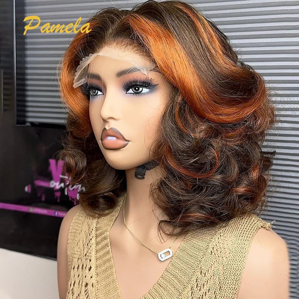 Highlight Ginger Orange Colored Human Hair Wigs Short Bob 4x4 Glueless Loose Deep Wave Transparent Lace Frontal Wigs For Women