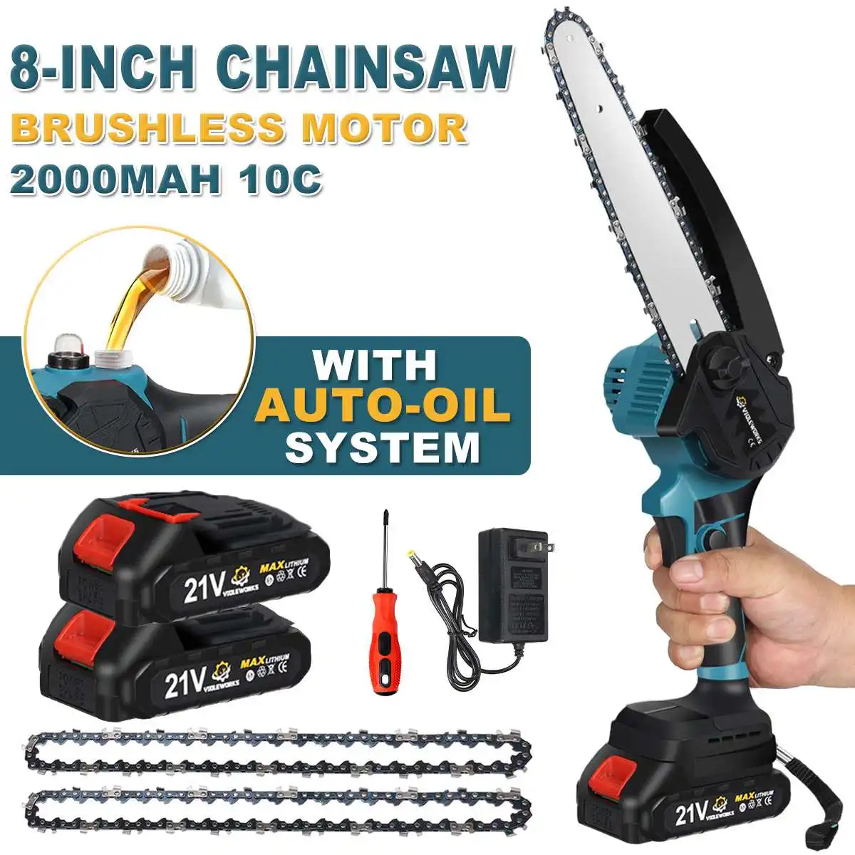 8inch Brushless Electric Chain Saw 2 Chains Cordless Pruning Saw Tree Cutting Power Tool for 18V Battery by VIOLEWORKS