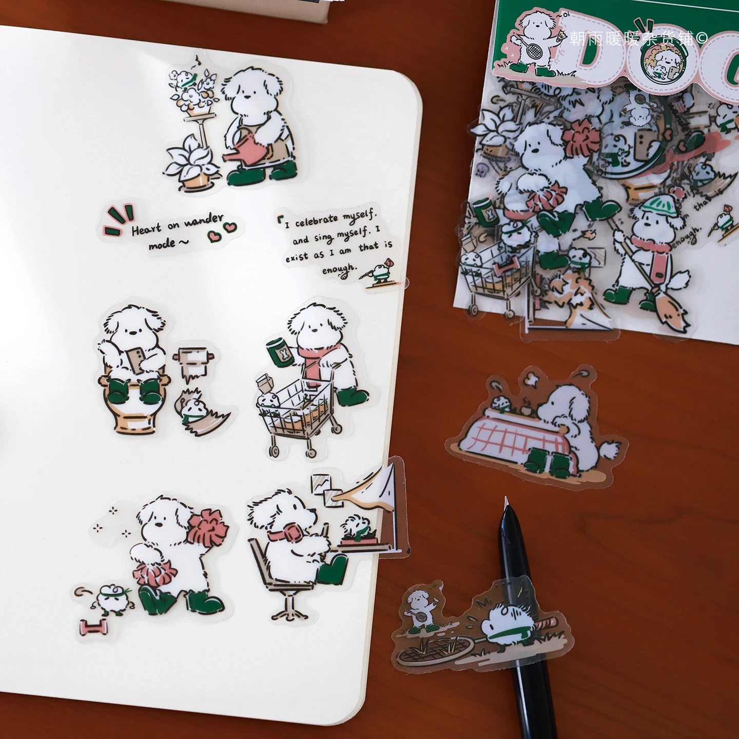Morning Rain Line Art Puppy Stickers Ins Cute Cartoon Animals Simple Drawing Transparent Waterproof Journal Phone Case DIY Decoration