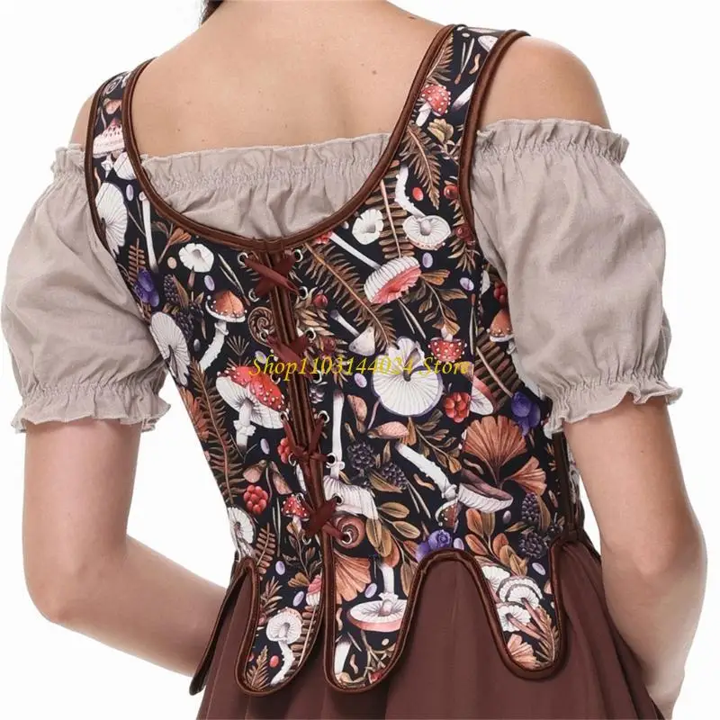 Corset victorien ajustable pour femme, gaine amincissante, bustier vintage à imprimé champignon, avec lacets, style gilet