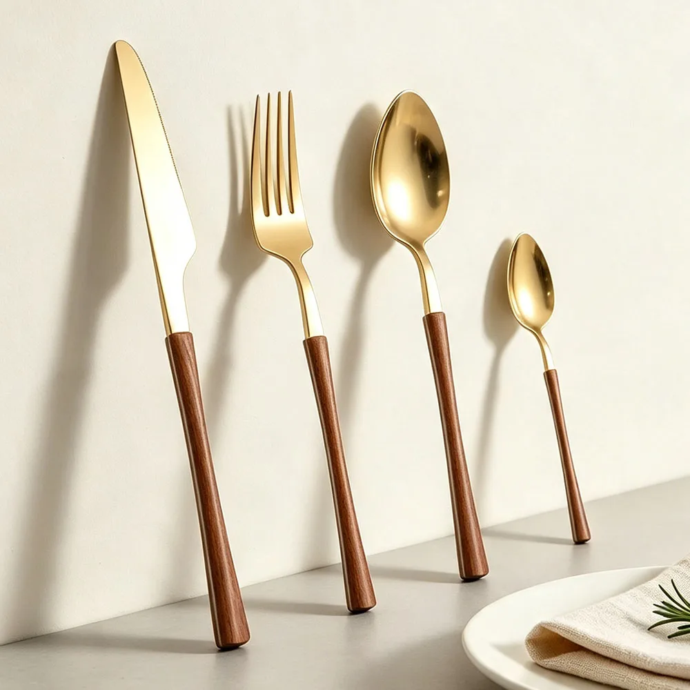 4Pcs Stainless Steel Imitation Wooden Handle Cutlery Set Dinnerware Clamp Western Tableware Knife Fork Tea Spoon Silverware