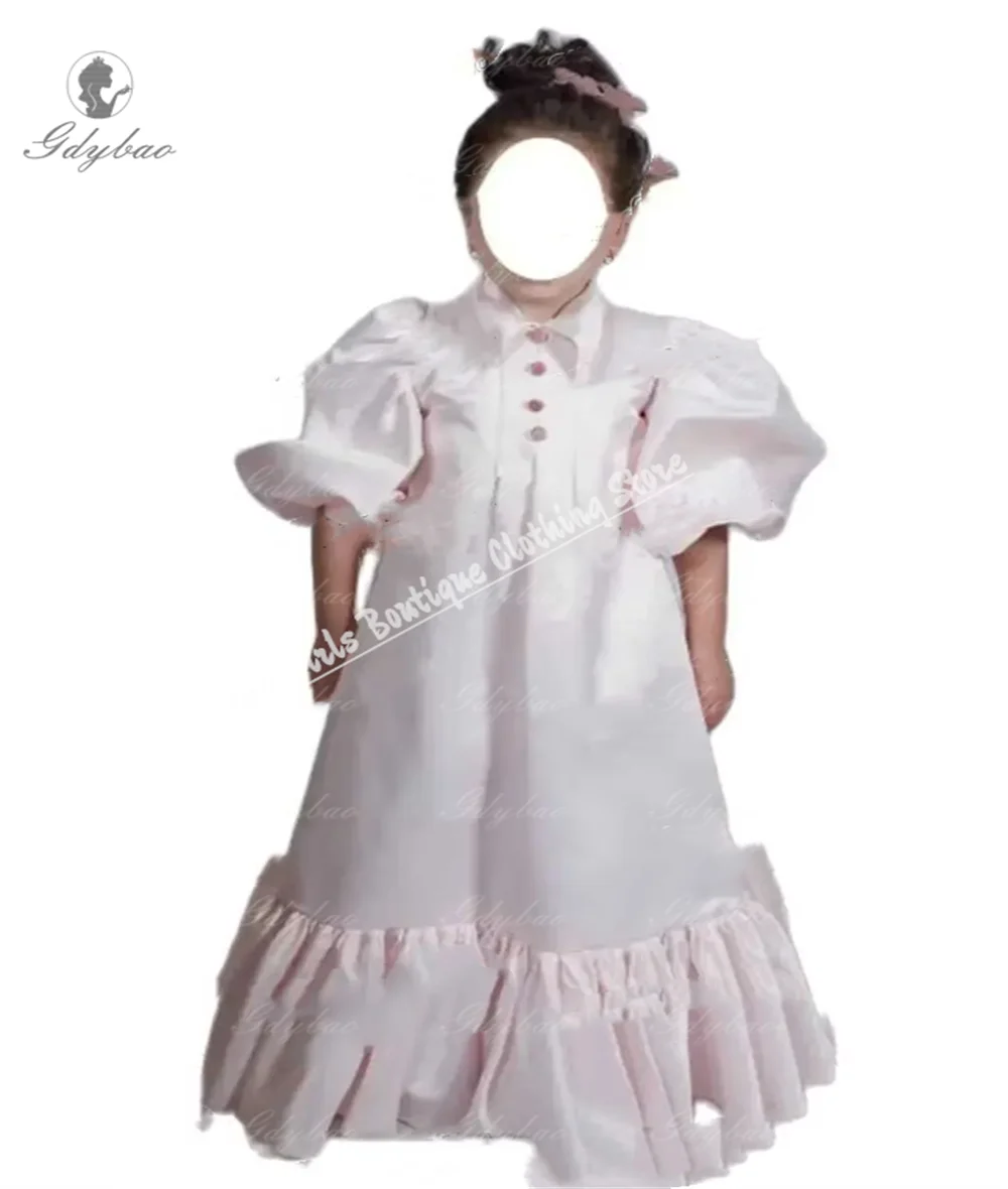 Vestido de fiesta blanco para niñas, vestidos de flores con mangas abullonadas, lapelas de Peter personalizadas, boda, fiesta de cumpleaños, desfile de boda, damas de honor