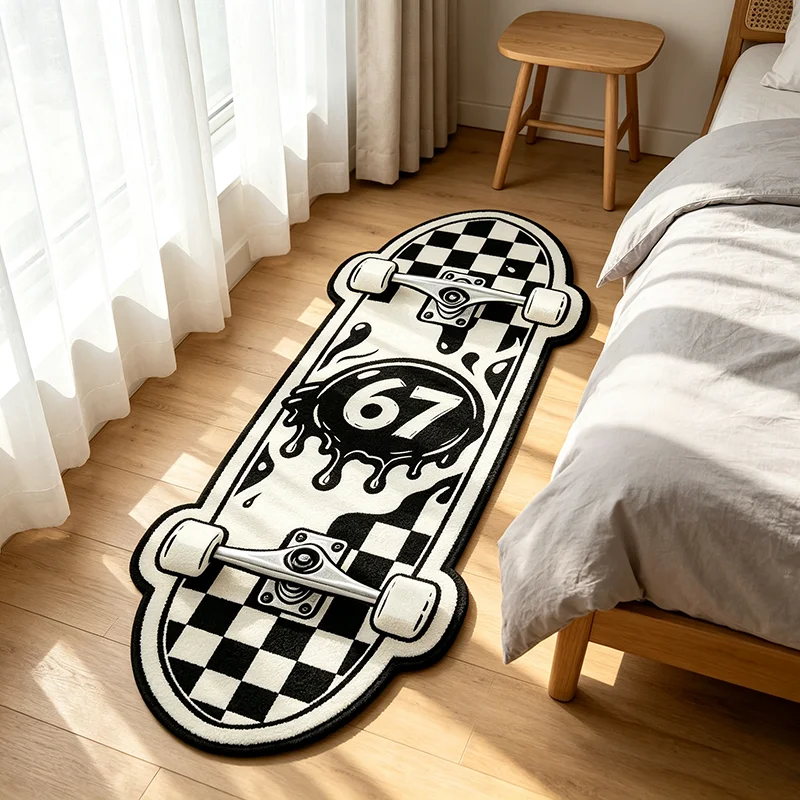Cool Street‑Style Retro Skateboard Shaped Rug Black White Checkerboard Unique Floor Mat Home Decor Bedroom Bedside Plush Carpet