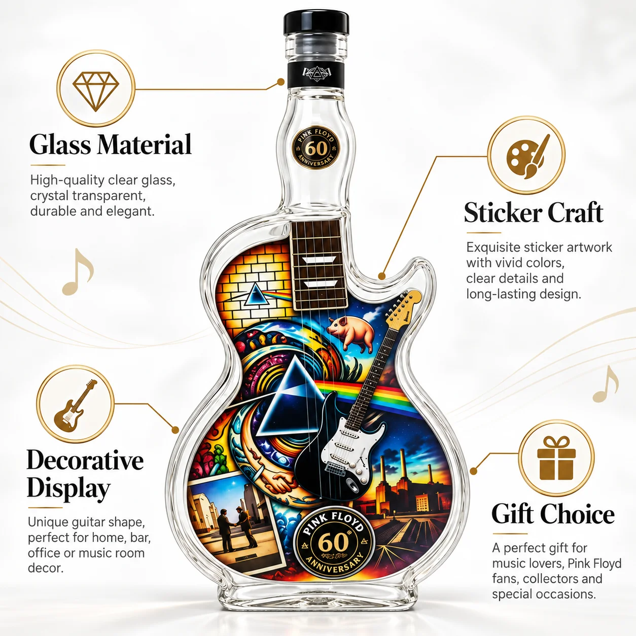 Pink Floyd Guitar Shaped Glass Decanter Rock Band Theme Whiskey Bottle Music Fan Collectible Home Bar Decor Gift