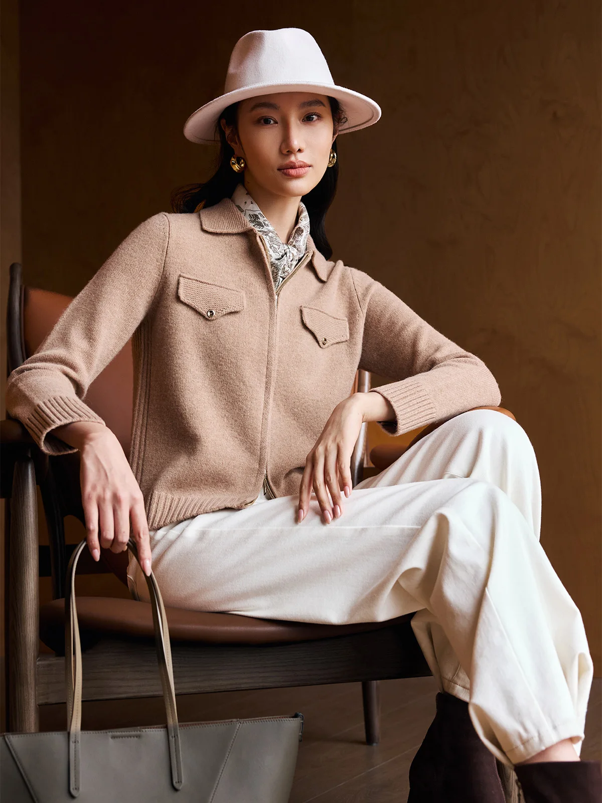 YIYI Slimming Double Zipper Wool Cashmere Cardigan Coat Flip Collar Shoulder Length Knitted Sweater Women's Casual Spring Lon...