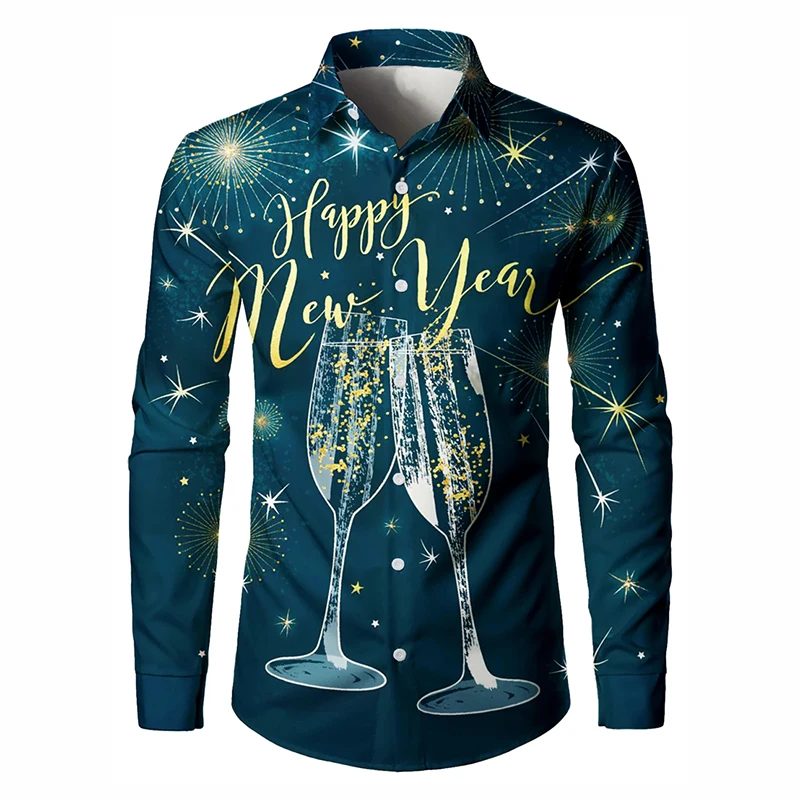 

Мужская рубашка с длинным рукавом «С Новым годом» с крутым принтом, семейная праздничная одежда, модные повседневные рубашки на пуговицах, рождественский тренд, футболка