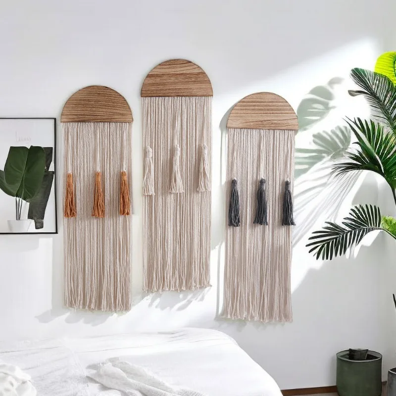 Modern Minimalist Fringe Textile Art Bohemian Inspired Semi-Circular Wooden Form Handcrafted Accent Piece Cotton Wall Tapestries