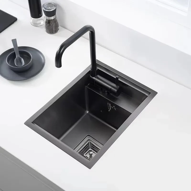 Hidden Black Kitchen Sink Single Bowl Bar Small Size Stainless Steel Balcony Sink Concealed Design