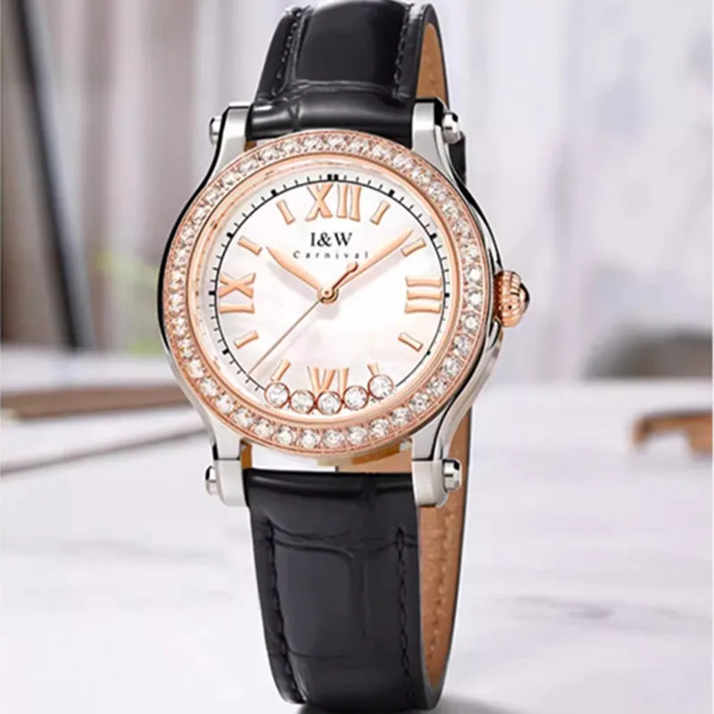 Reloj CARNIVAL Fashion Watches for Women Brand Luxury Ladies Waterproof Leather Quartz Wristwatches Sapphire Rose Gold Montre