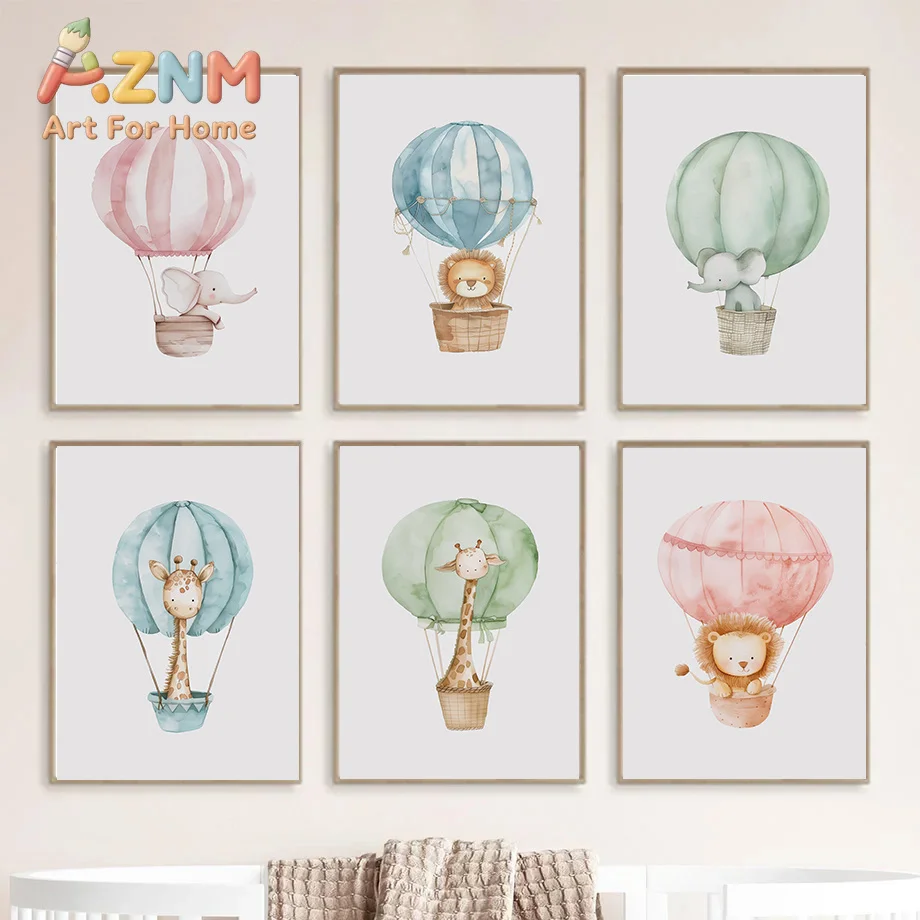 1pc framless Canvas Painting Blue Pink Hot Air Balloon Boho Safari Animal Lion Elephant Giraffe Poster Canvas Painting Print for