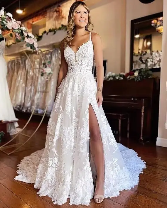 Elegante Spitze-Strandhochzeitskleider für die Braut 2025, mit Ärmeln, Hochzeit, Brautkleider, Applikationen, Tüll, Satin, Übergröße