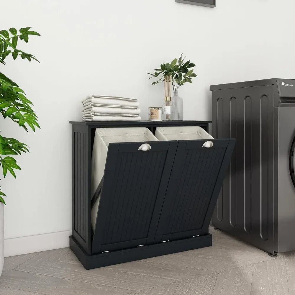 Tilt Out Laundry Hamper Cabinet with Removable Basket, Double Hidden Laundry Hamper Cabinet, Wood Bathroom Storage Cabinets