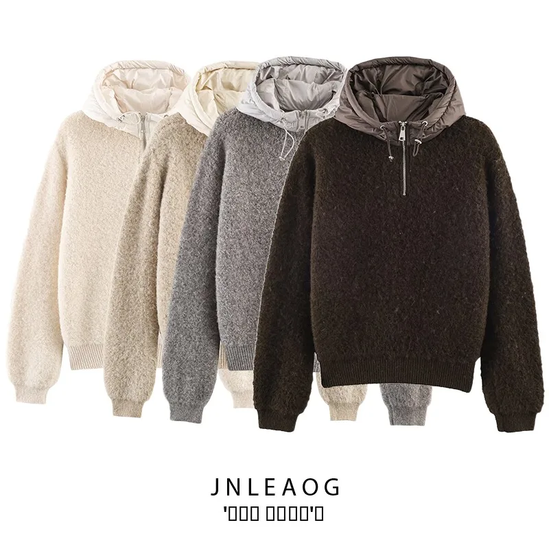 

Faionable Spliced Circle Fur f Zip Knitted Sweater with Hood Autumn New Arrival Women's Polyester Fiber Long Sve Card...