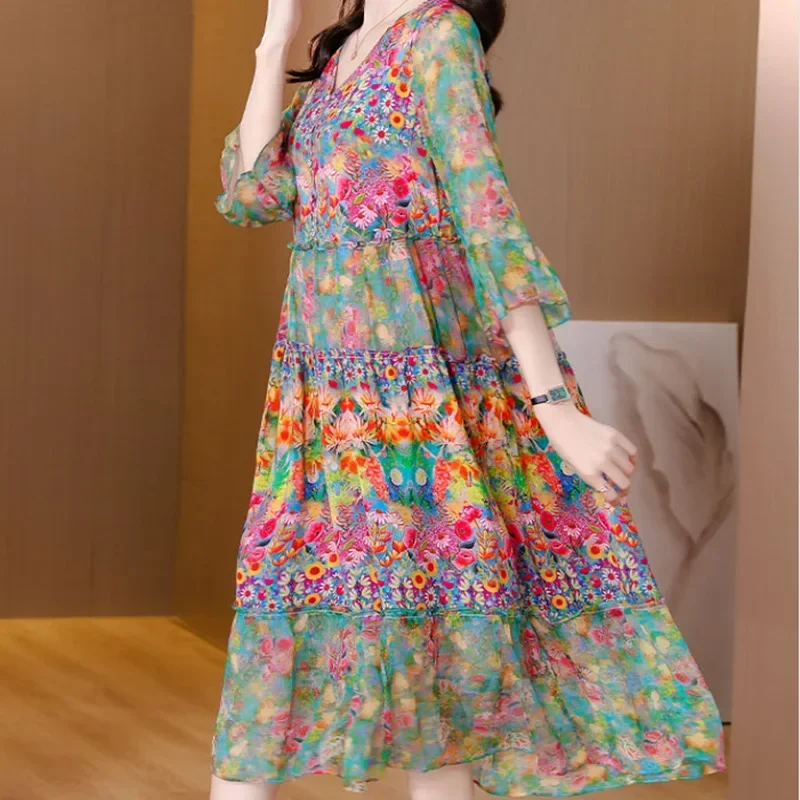 High Quality Summer 2025 Beach Boho Vintage Print Silk V Neck Dress Elegant Party Robe Designer Vestidos Loose Midi Dresses
