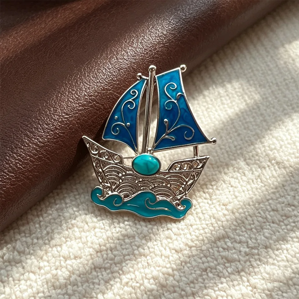 Vintage ocean style imitation turquoise glazed color pin accessory, Chinese style smooth sailing dual-purpose sailboat brooch