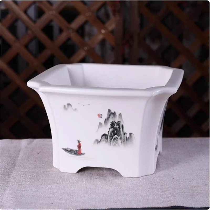 Porcelain  Glazed Square Bonsai Pot,Chinese Pattern,Table Decoration,Indoor Plant,