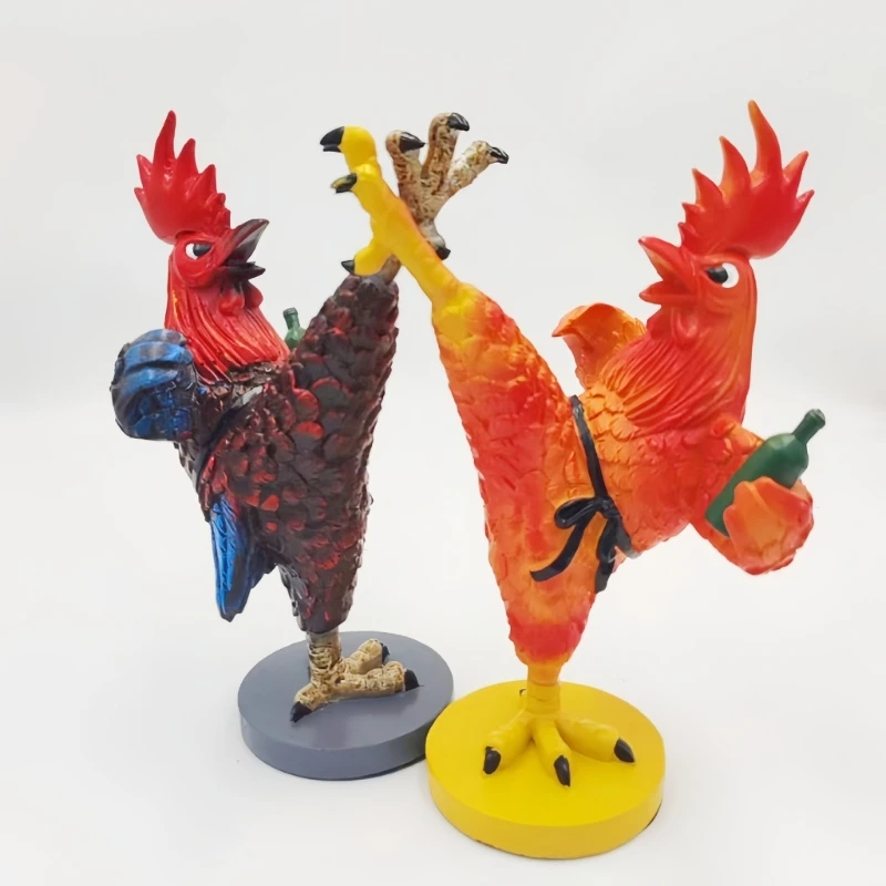  Chicken Figurine Pair with Humorous Fighting Action Poses for Display