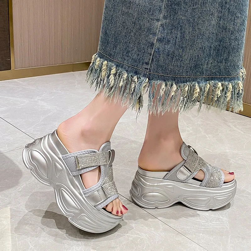 8.5cm Women Platform Slippers Air Mesh Chunky Sandals Beach Shoes Bling Wedge Heels Peep Toe Slides Ladies Outside Flip-Flops