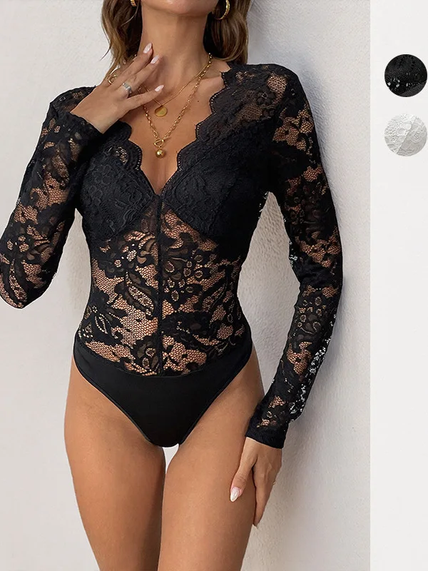 

Женский комбинезон Ele Pure Color с длинными рукавами и кружевом, сексуальный и элегантный, из тонкого материала, с завышенной талией, короткие штаны