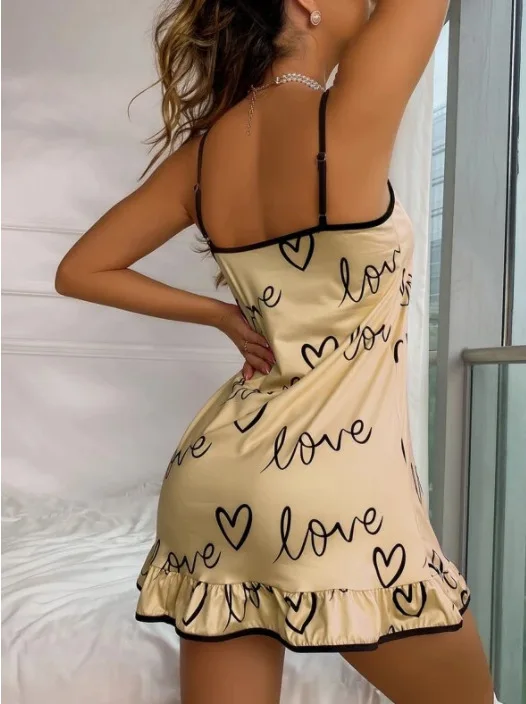 Women Cute Nightgown Pajamas Milk Silk Heart Print Sleepwear V Neck Lingerie Sexy Spaghetti Strap Nightwear Girls Homewear Dress