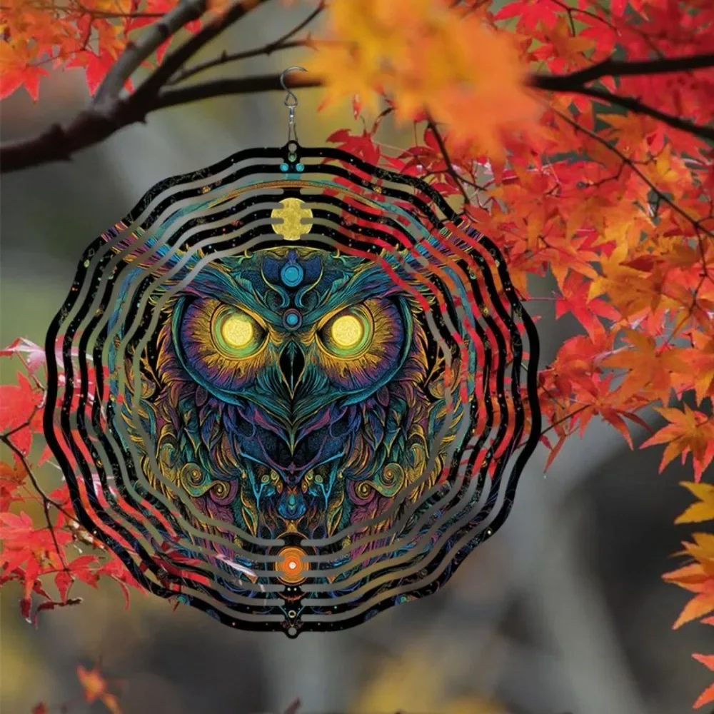 CIFBUY Wind Chimes Dark Night Owl 3D Vibrant Colors 360° Rotating Metal Garden Spinner Hanging Ornament Decor