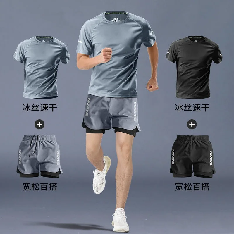 Summer Men\'s Sportswear Sets Outdoor Ice Silk T-shirts Sweatshirts Shorts Clothes Quick Dry Casual Training Running Sweatshirts