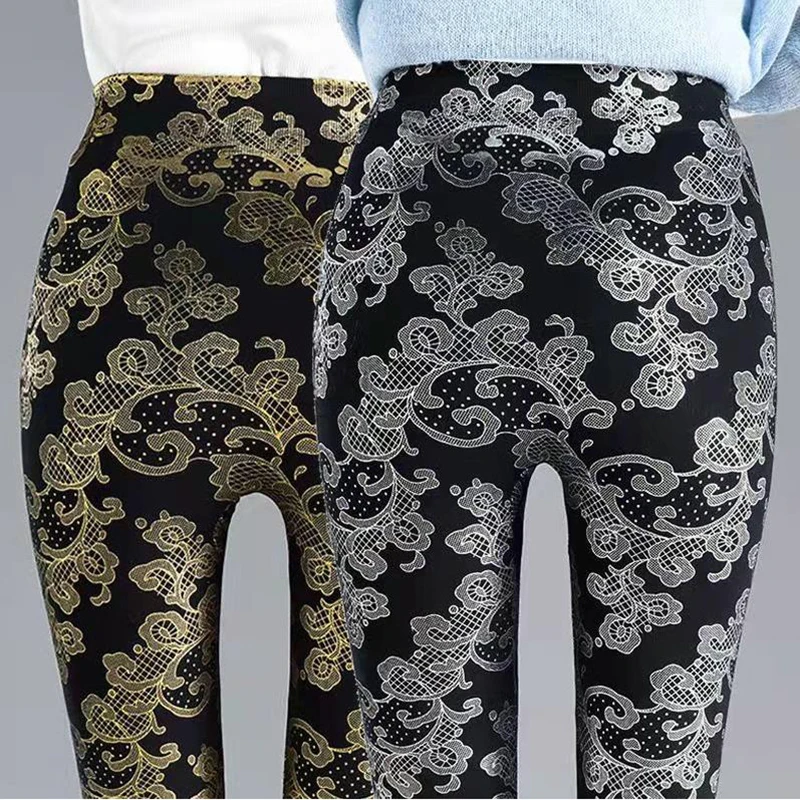 Retro-Druck nahtlose Leggings hohe Taille übergroße Gold Silber Mode Outwear dünne Sommer lange Hosen Fitness studio Spandex Leggins Frau