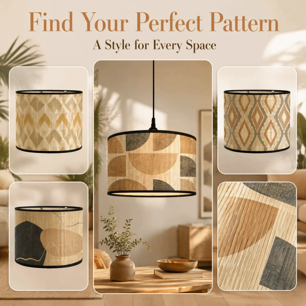 Handmade Bamboo Lampshade Hangable Abstract Line Pattern Retro Lampshade Greenery Patterned Long-Lasting Light Cover
