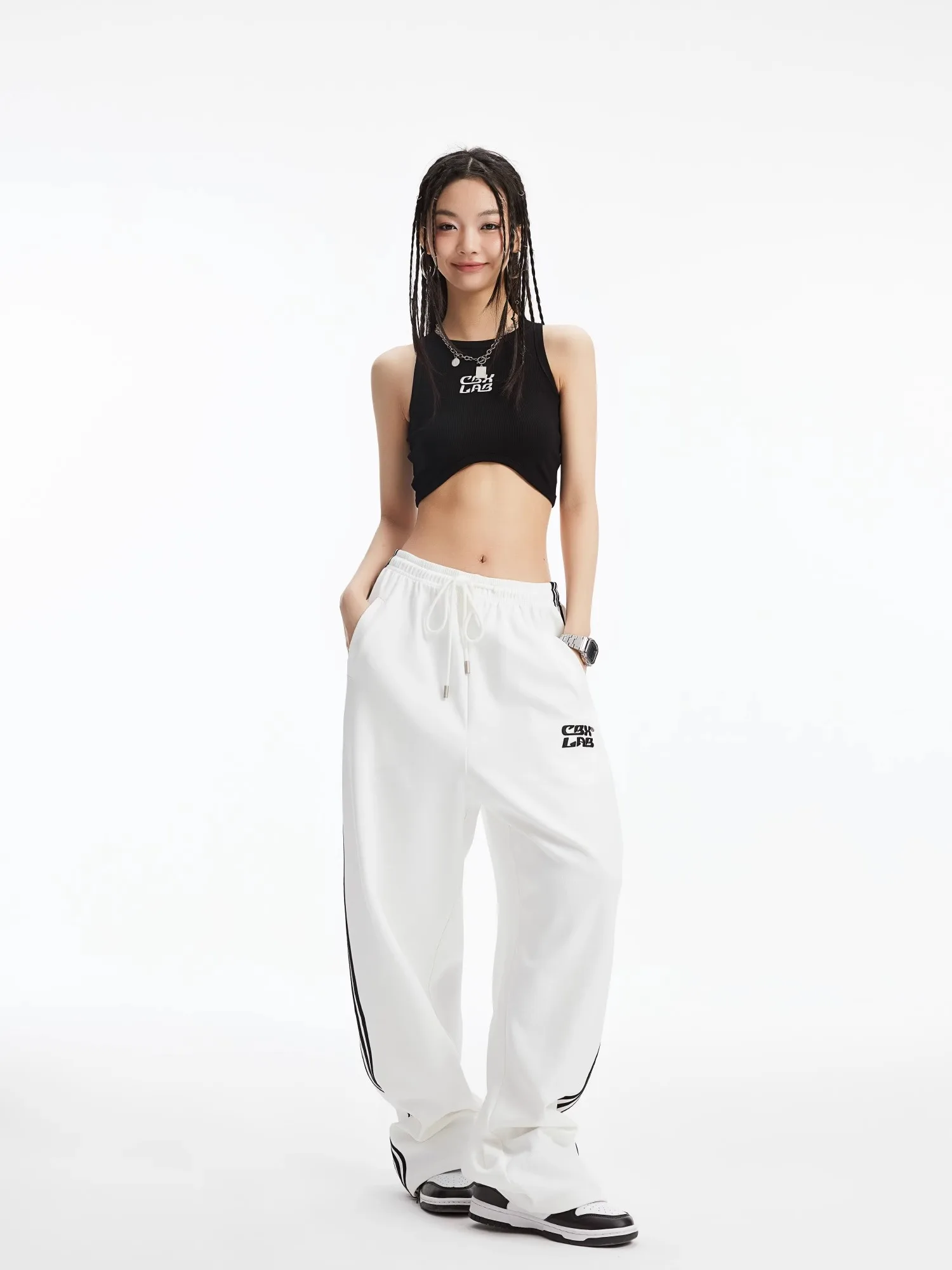 CBXLAB Street Dance Women's White Three stripes hip-hop street dance loose sweatpants jazz dance trousers