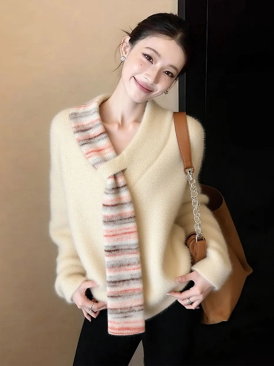 

Autumn Winter Thickened Soft Lazy Style Women's Knitted Sweater Elegant High Quality Versatile Maturity Light Winter Woolen S...