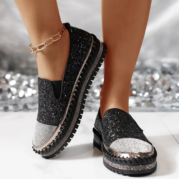 Women's casual shoes large size spring style loafers women's round toe thick bottom flat rhinestone fashionable women's shoes