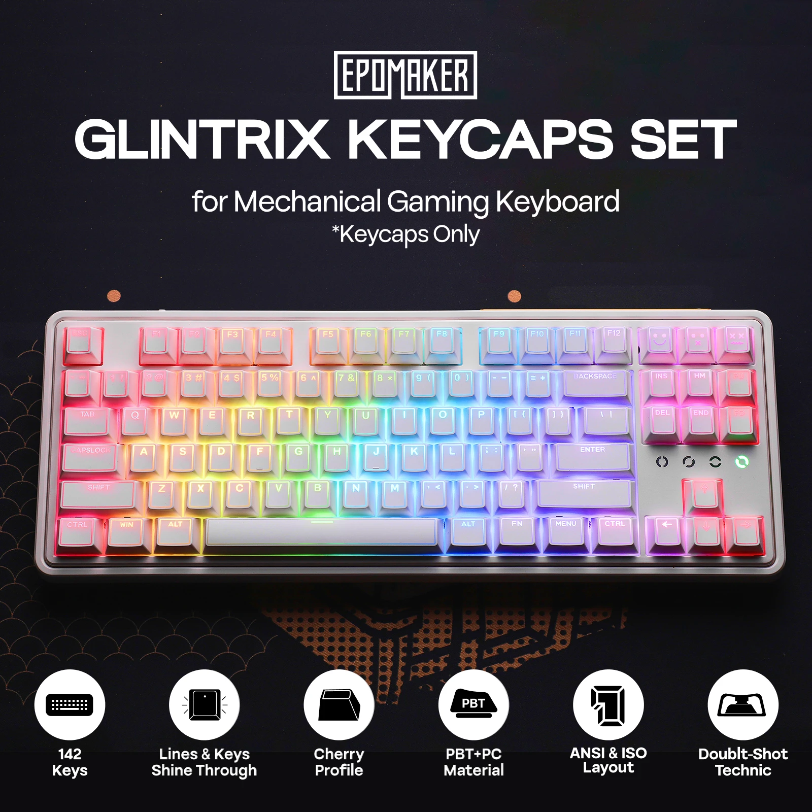 EPOMAKER Glintrix Keycap Set 142 Double-Shot Cherry Profile Shine Through Keycaps (Only Black/White) for Mechanical Keyboard
