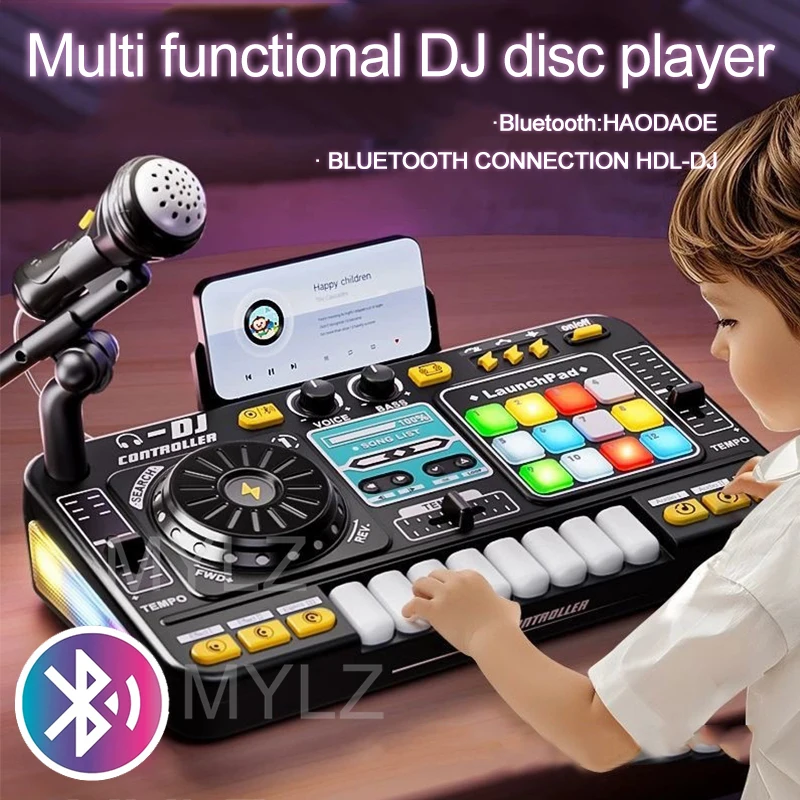 Kid DJ Mixer with Microphone Electronic Piano Keyboard Bluetooth DJ Turntable Controller Musical Instrument Kid Christmas Gift