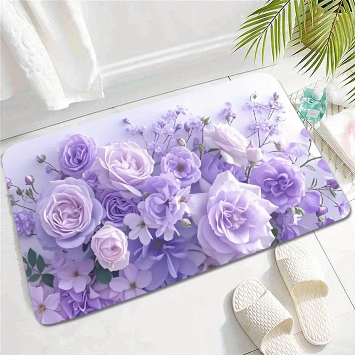 2D Flat Purple Roses Floral Bouquet Romantic Flannel Area Rug Non Slip Elegant Carpet For Living Room Bedroom Floor