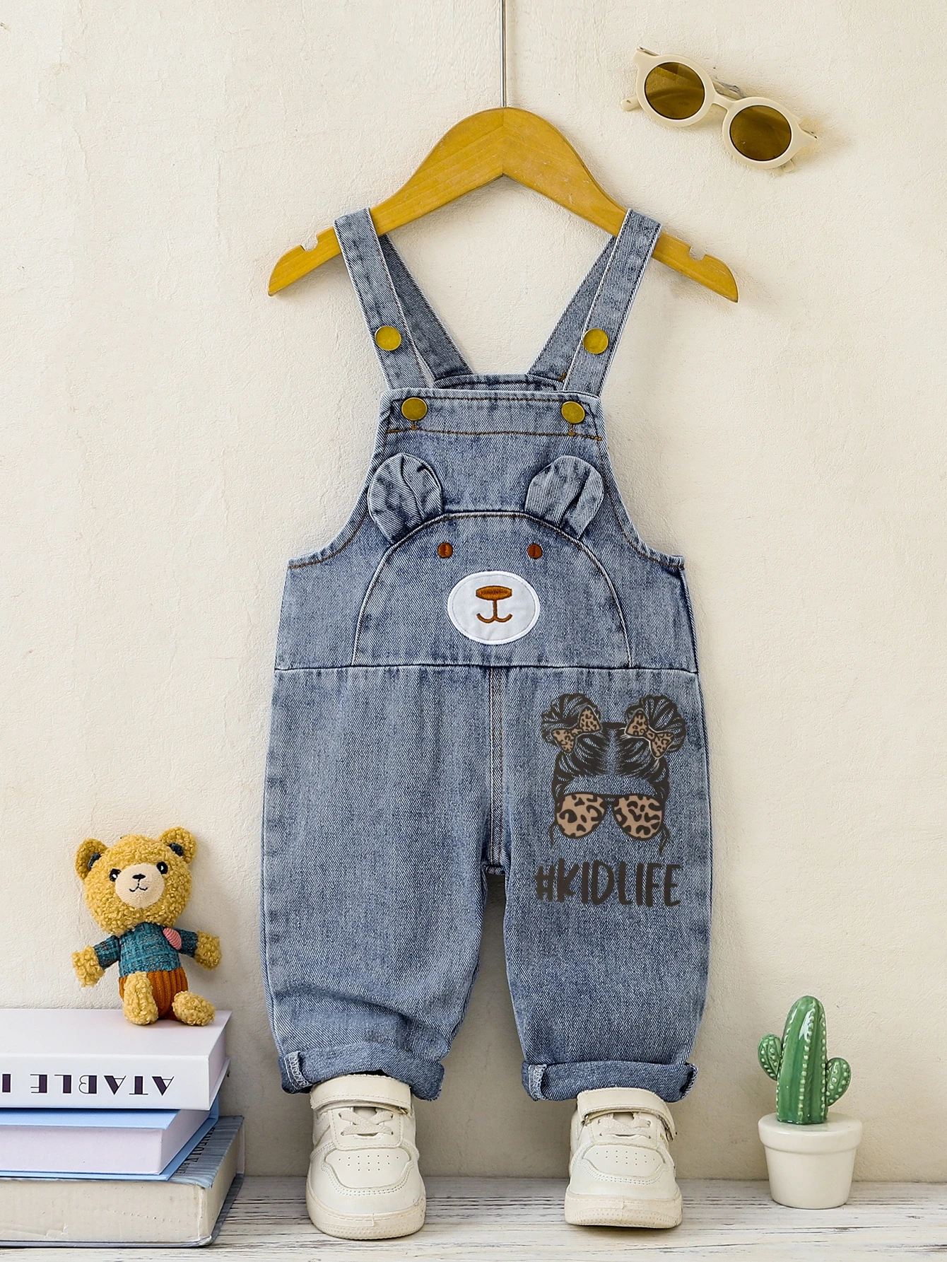 1-3T Toddler Girl Denim Overalls, Cute Bear Ear Print Adjustable Strap Soft Jean Jumpsuit, Sweet Casual Bib Pants for Baby Girls